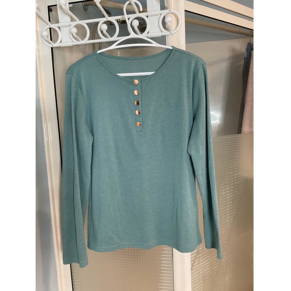 SHEIN Henley Top Womens Size 6 Green Good Long Sleeve Gold Button Placket